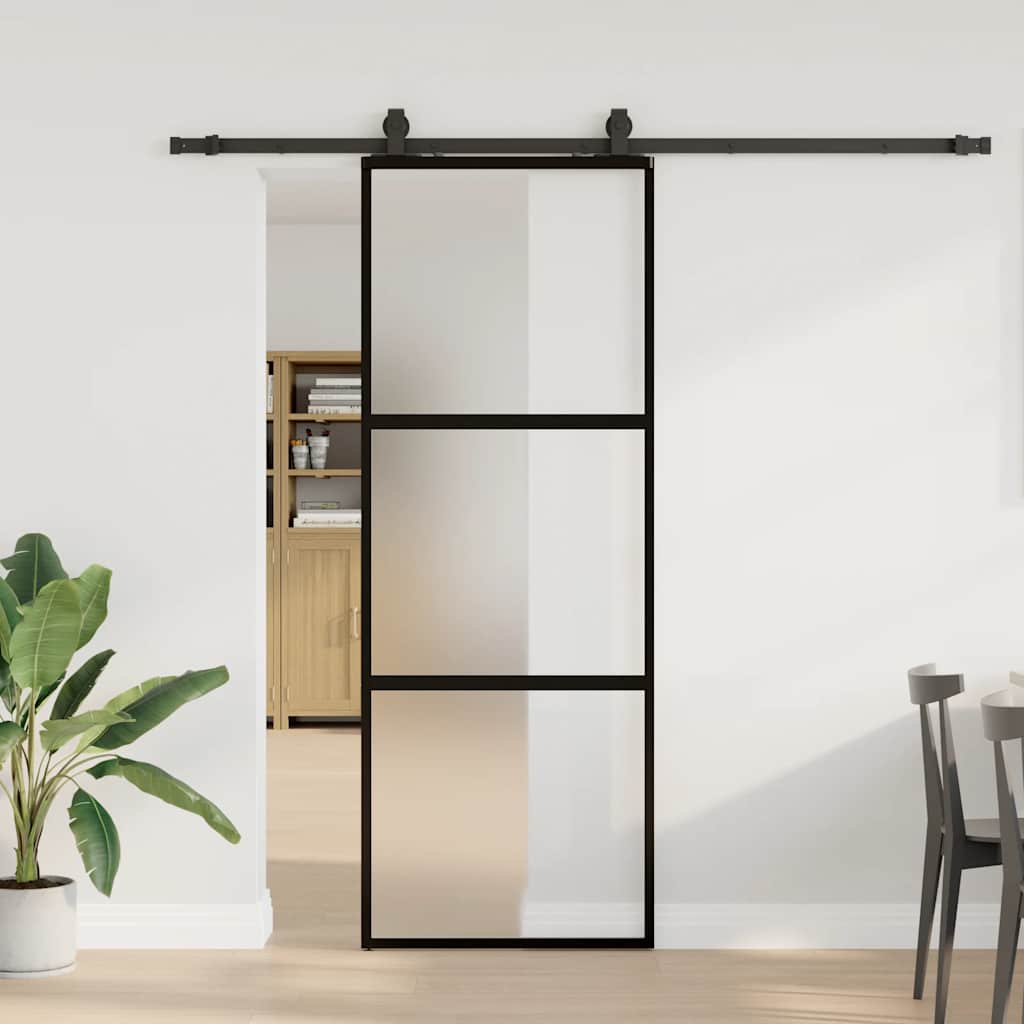 vidaXL Drzwi przesuwne z zestawem okuć czarne 76x205cm szkło hartowane