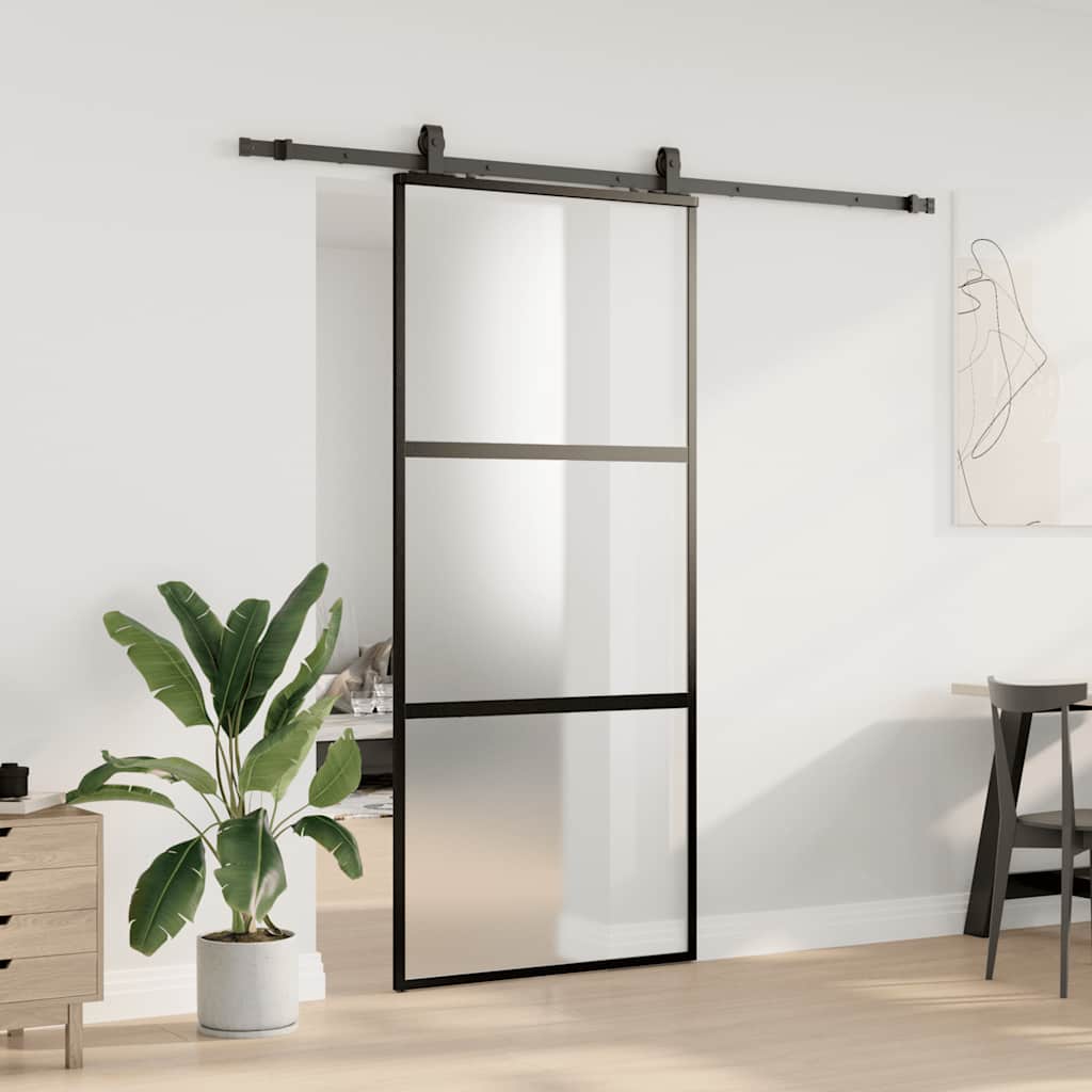 vidaXL Drzwi przesuwne z zestawem okuć czarne 90x205cm szkło hartowane