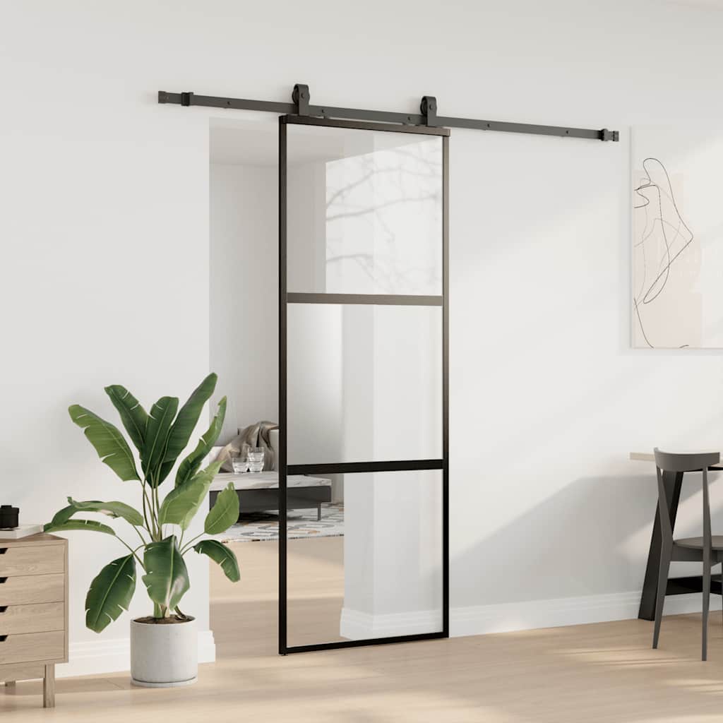 vidaXL Drzwi przesuwne z zestawem okuć czarne 76x205cm szkło hartowane