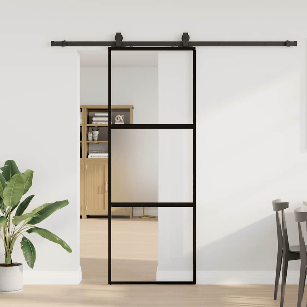 vidaXL Drzwi przesuwne z zestawem okuć czarne 76x205cm szkło hartowane