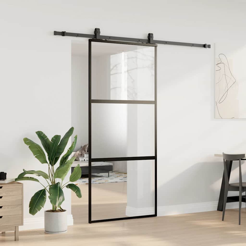 vidaXL Drzwi przesuwne z zestawem okuć czarne 90x205cm szkło hartowane