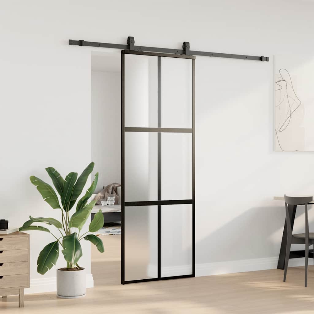 vidaXL Drzwi przesuwne z zestawem okuć czarne 76x205cm szkło hartowane