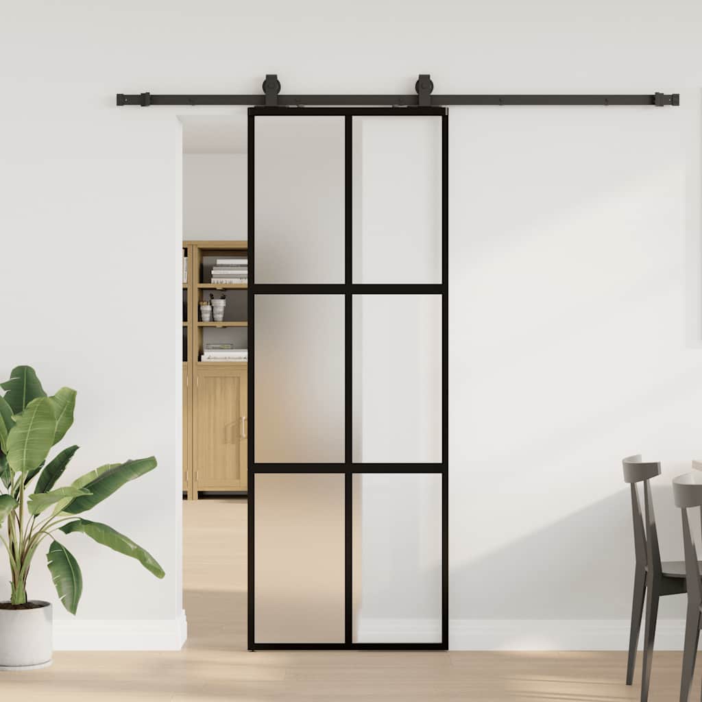 vidaXL Drzwi przesuwne z zestawem okuć czarne 76x205cm szkło hartowane