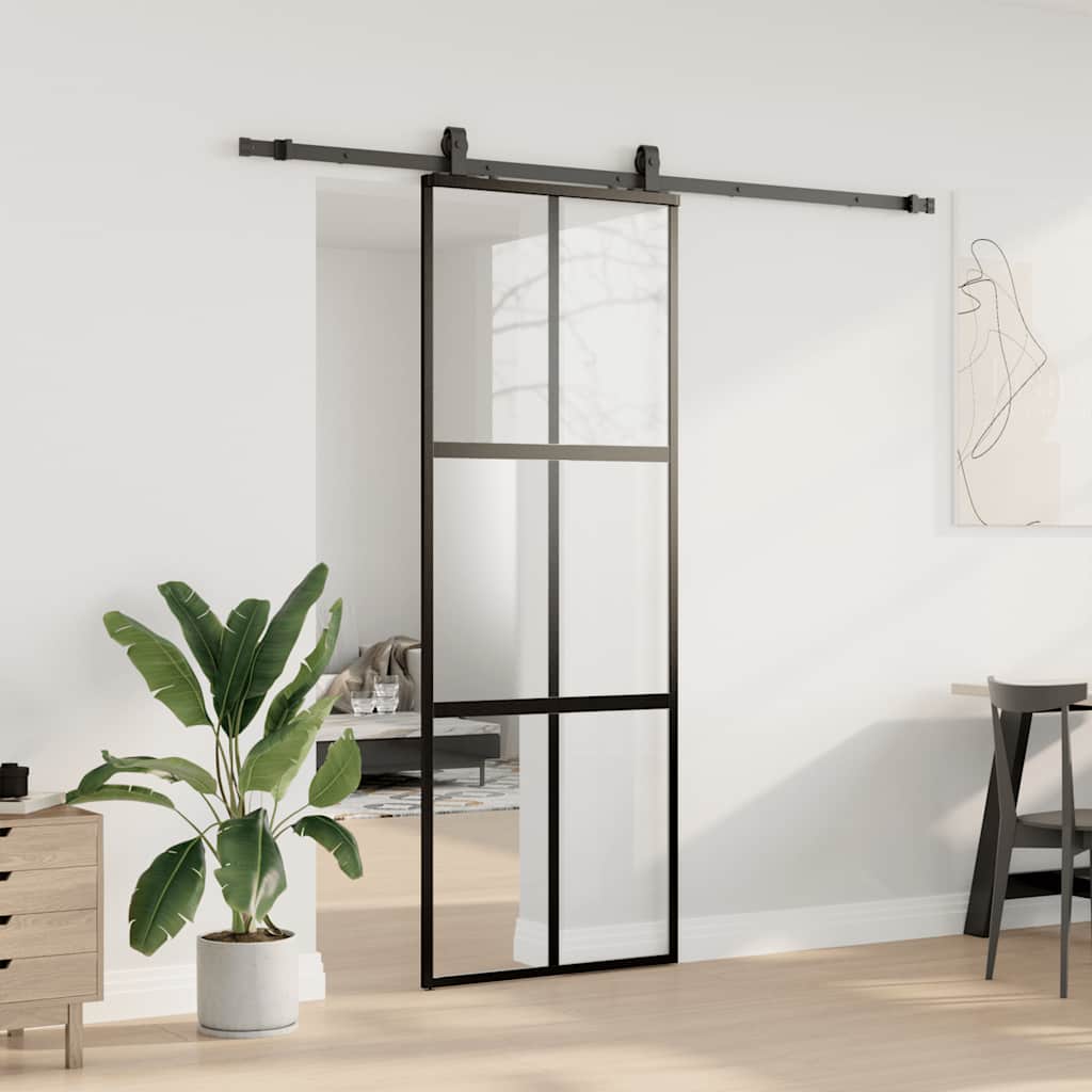 vidaXL Drzwi przesuwne z zestawem okuć czarne 76x205cm szkło hartowane