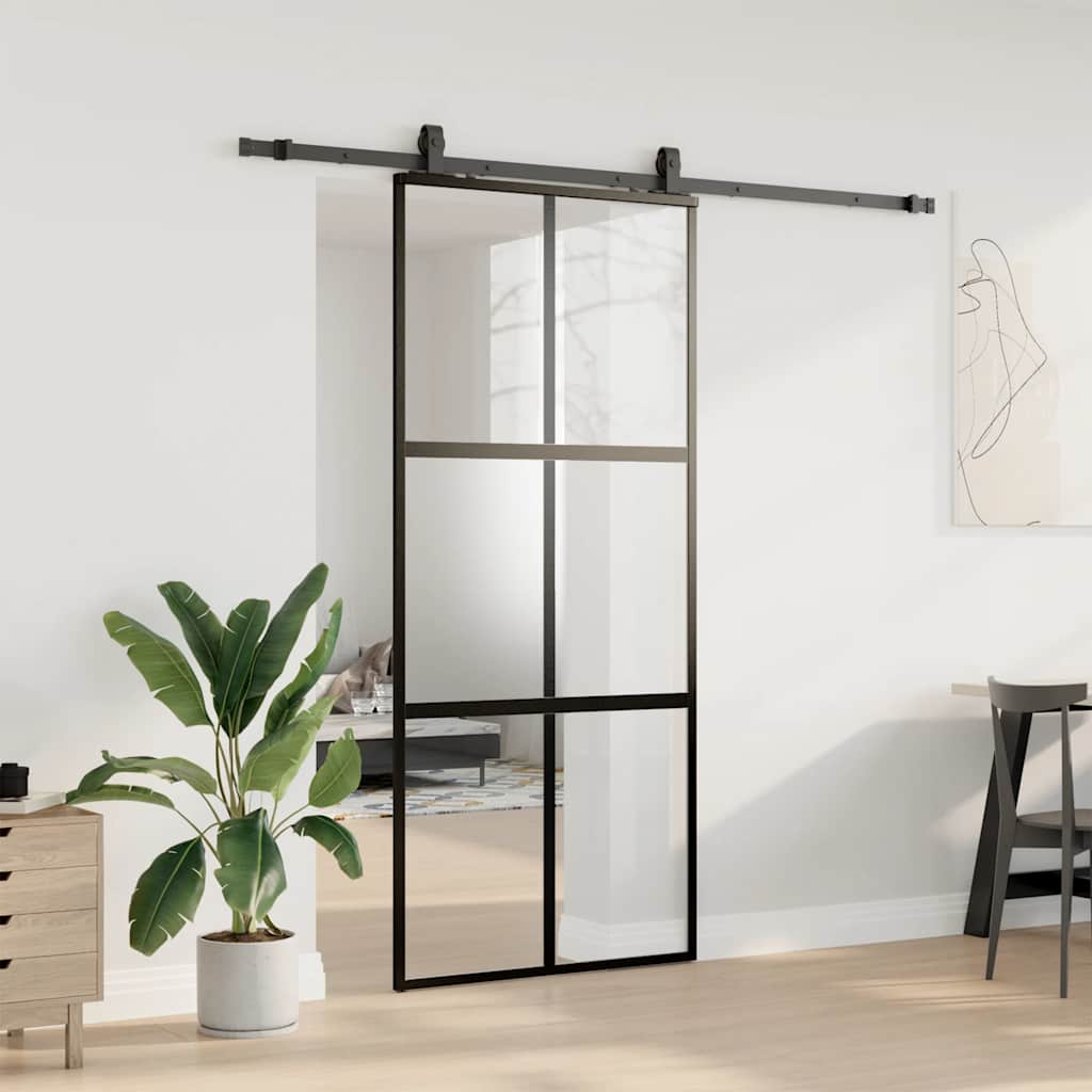 vidaXL Drzwi przesuwne z zestawem okuć czarne 90x205cm szkło hartowane