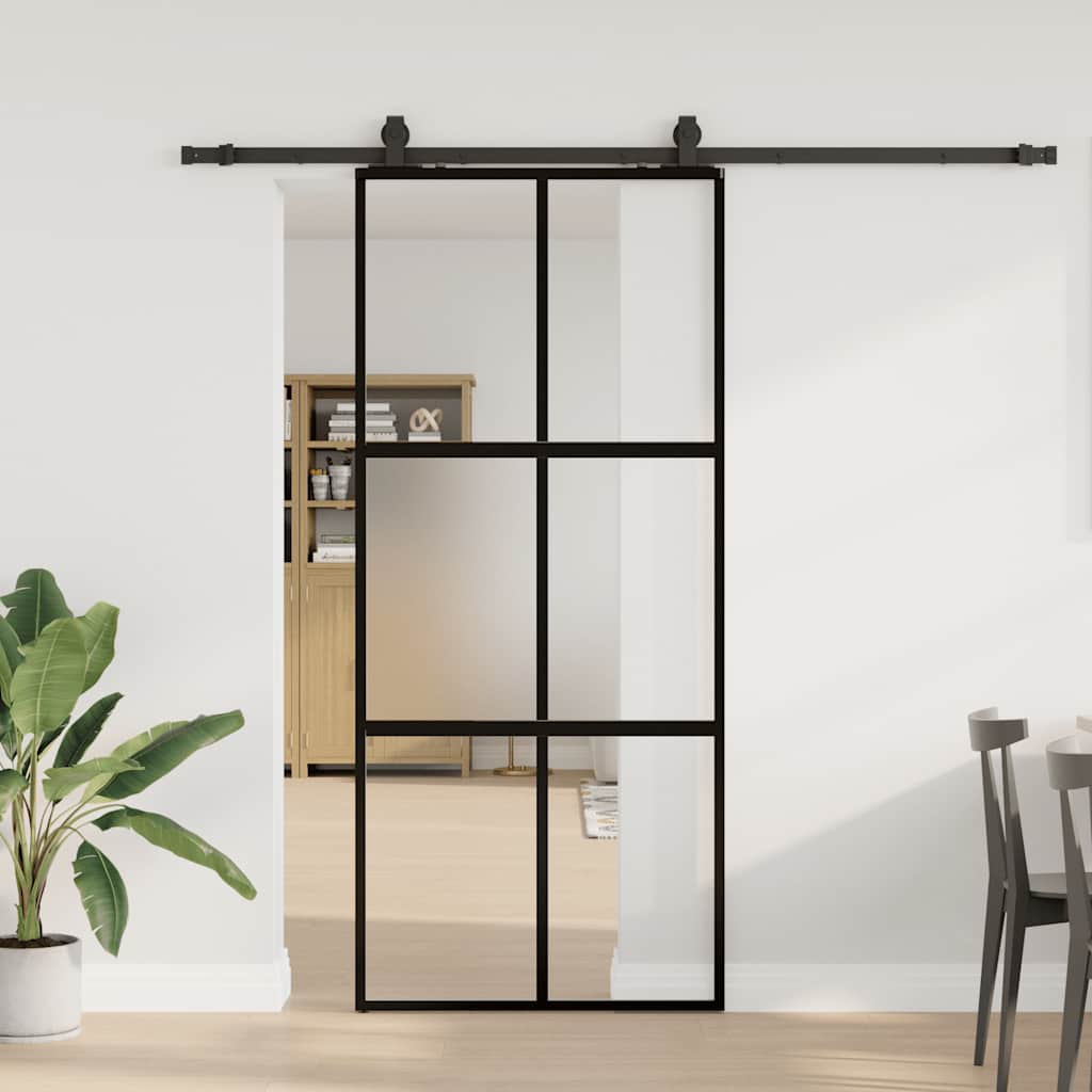 vidaXL Drzwi przesuwne z zestawem okuć czarne 90x205cm szkło hartowane