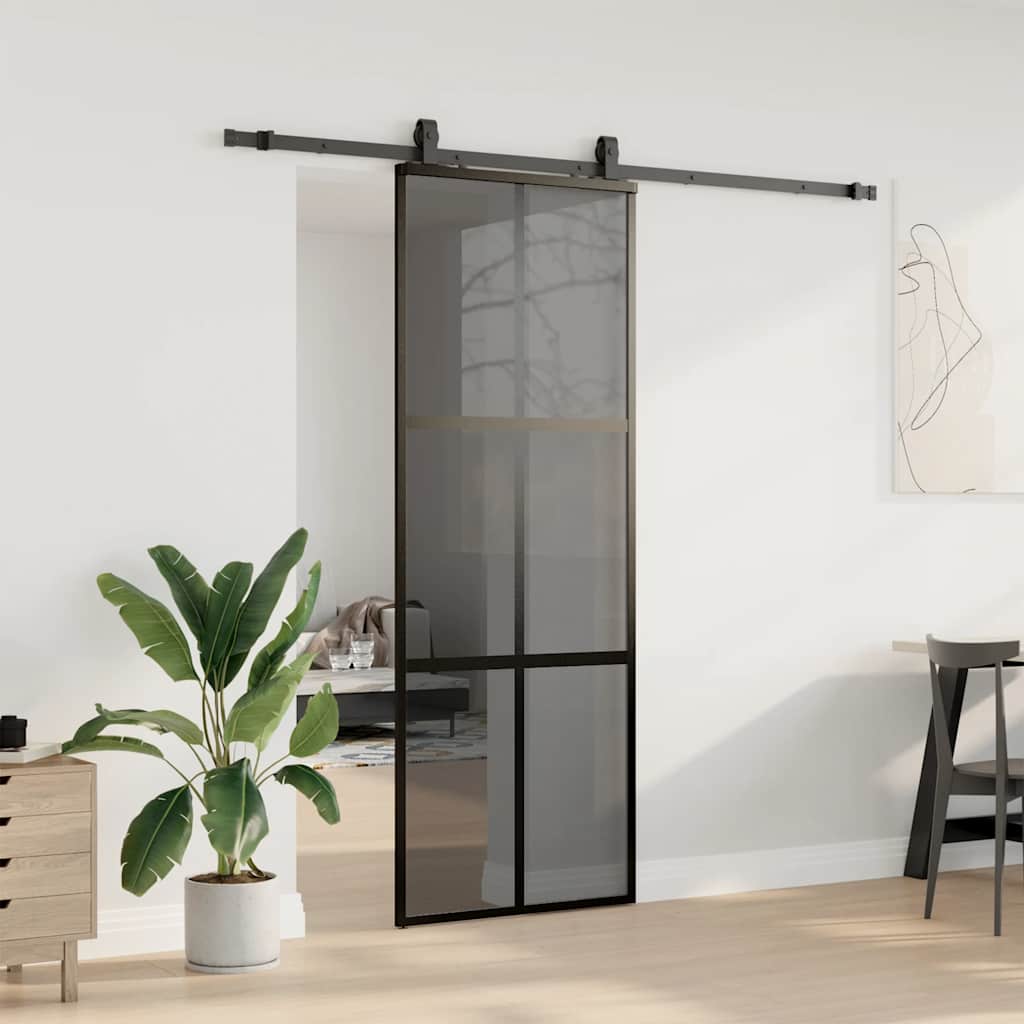 vidaXL Drzwi przesuwne z zestawem okuć czarne 76x205cm szkło hartowane