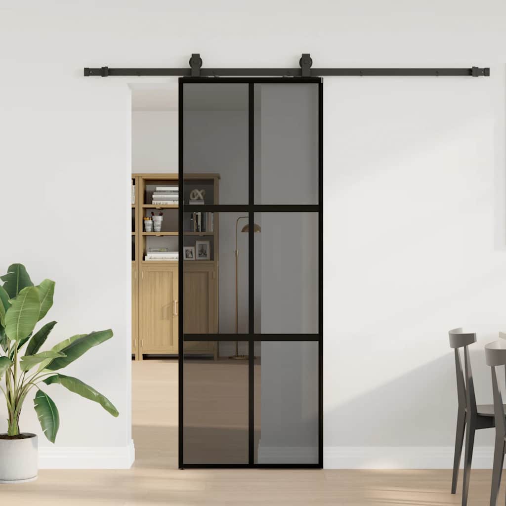 vidaXL Drzwi przesuwne z zestawem okuć czarne 76x205cm szkło hartowane