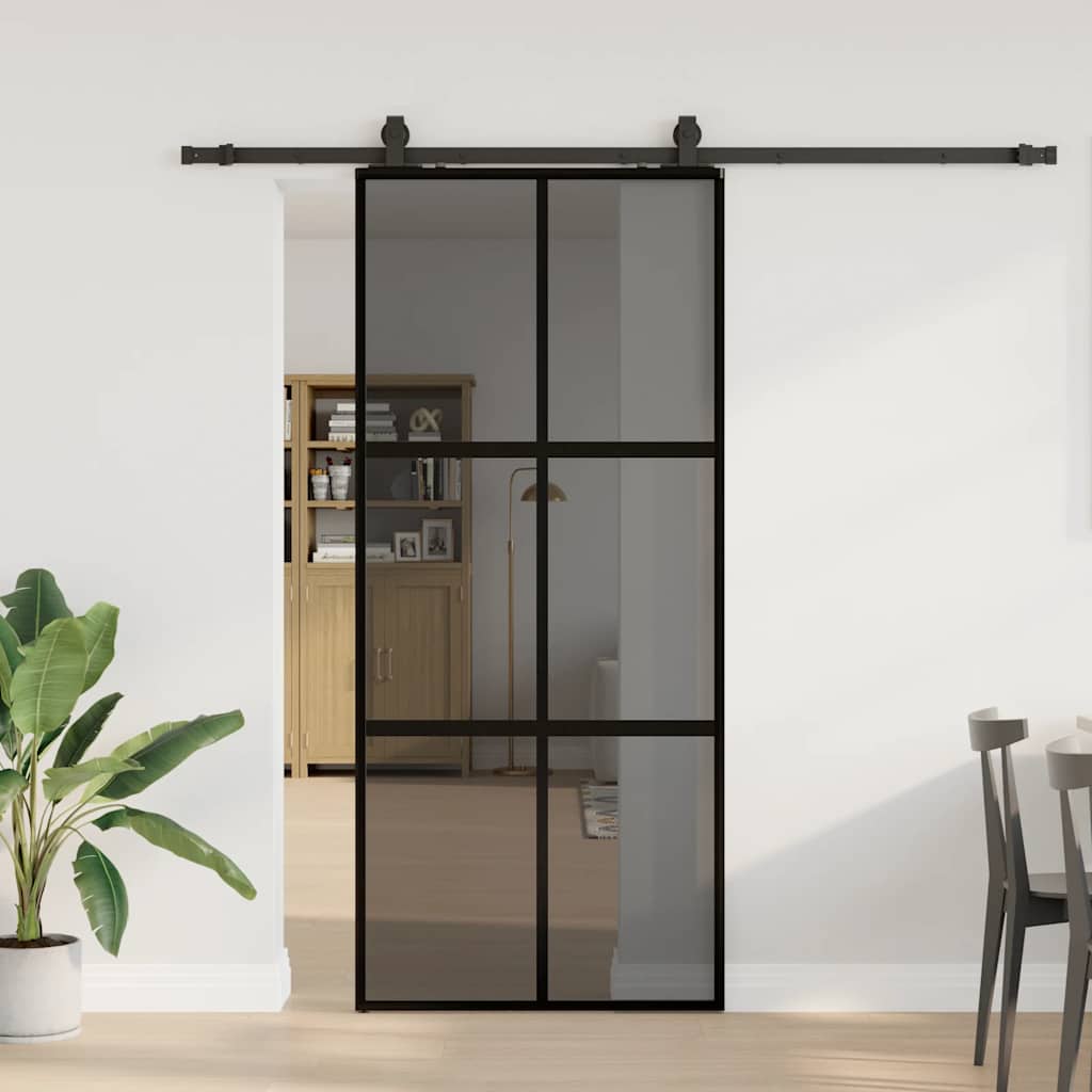 vidaXL Drzwi przesuwne z zestawem okuć czarne 90x205cm szkło hartowane