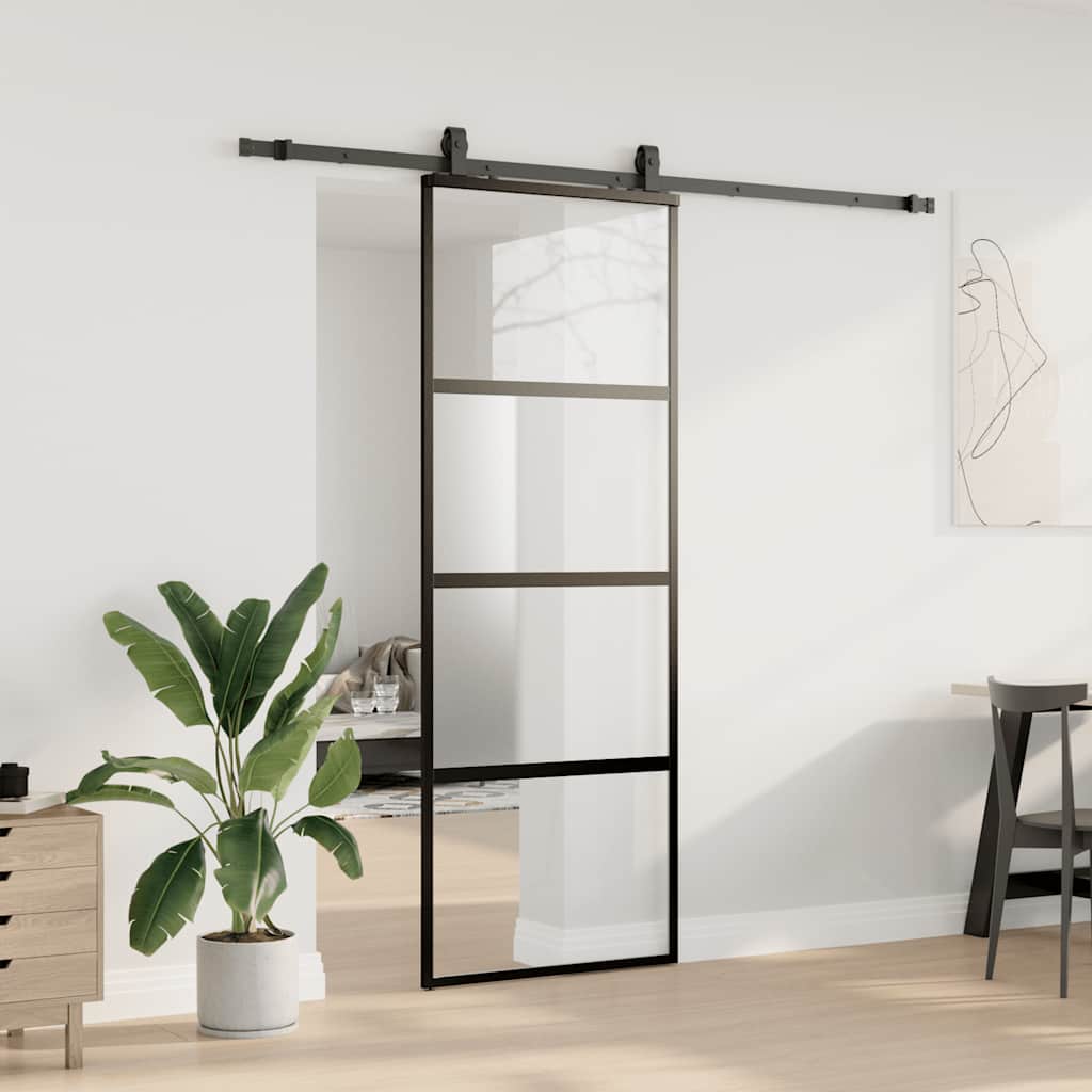 vidaXL Drzwi przesuwne z zestawem okuć czarne 76x205cm szkło hartowane