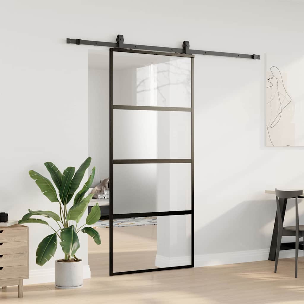 vidaXL Drzwi przesuwne z zestawem okuć czarne 90x205cm szkło hartowane