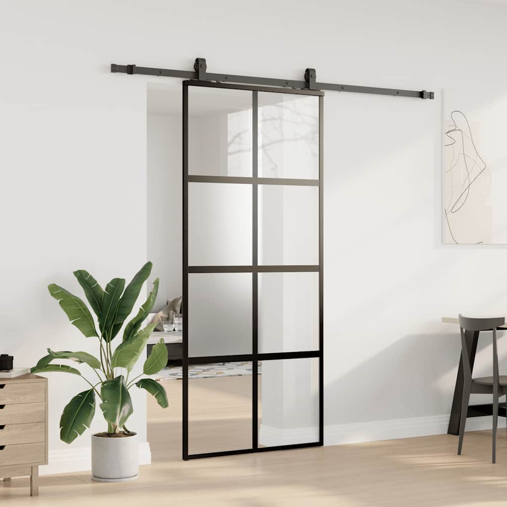 vidaXL Drzwi przesuwne z zestawem okuć czarne 90x205cm szkło hartowane