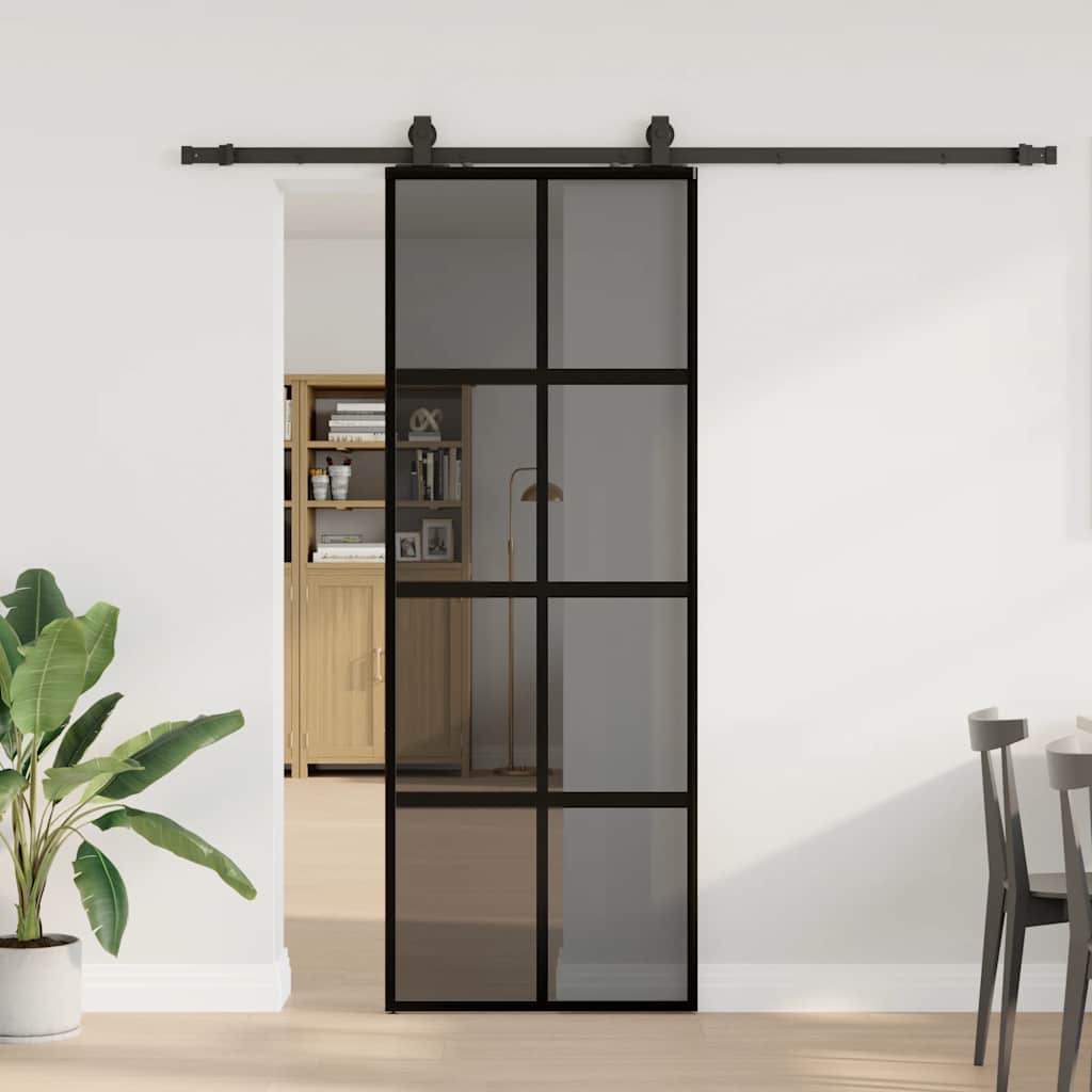 vidaXL Drzwi przesuwne z zestawem okuć czarne 76x205cm szkło hartowane