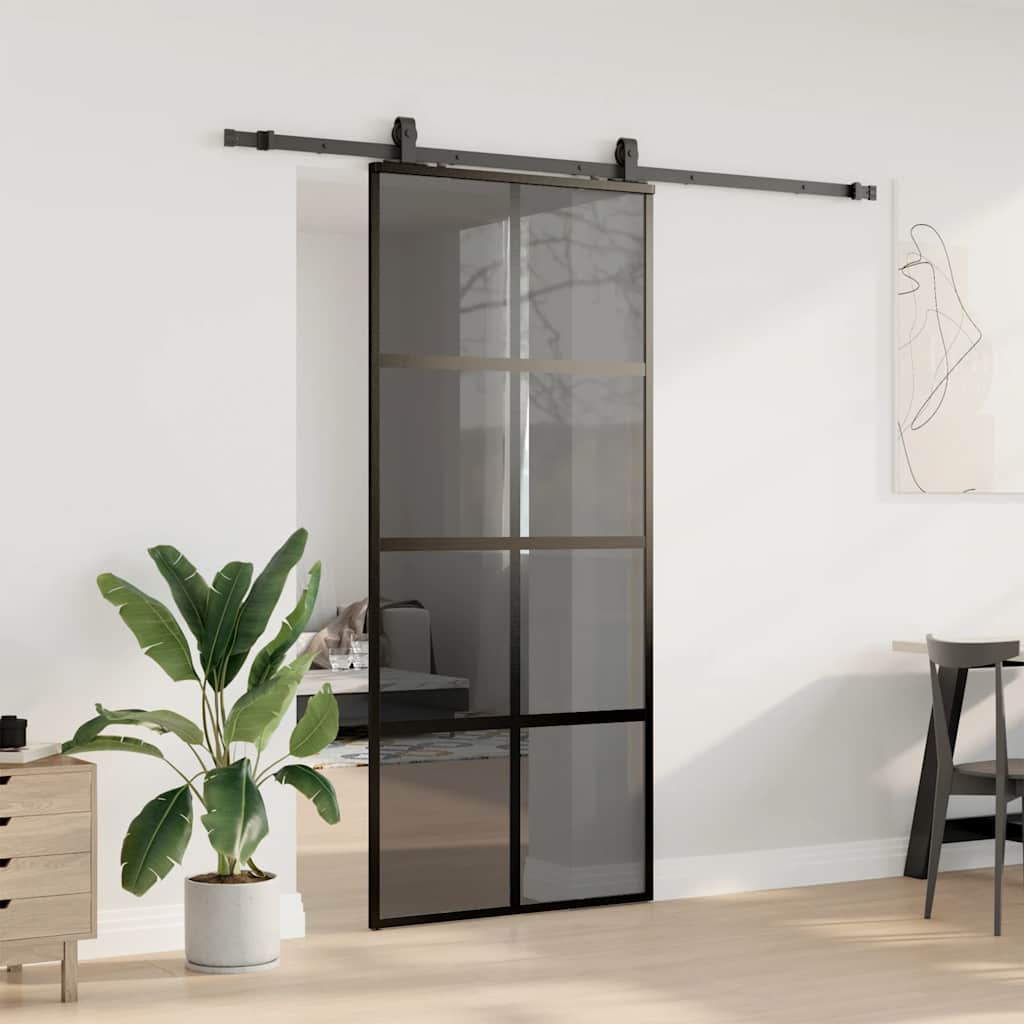 vidaXL Drzwi przesuwne z zestawem okuć czarne 90x205cm szkło hartowane