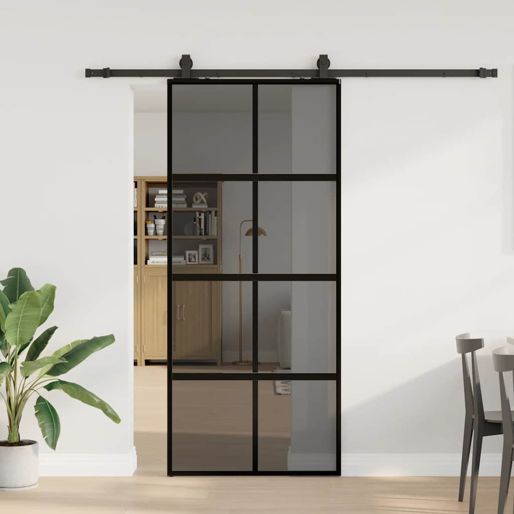 vidaXL Drzwi przesuwne z zestawem okuć czarne 90x205cm szkło hartowane