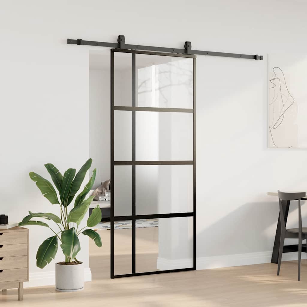 vidaXL Drzwi przesuwne z zestawem okuć czarne 90x205cm szkło hartowane