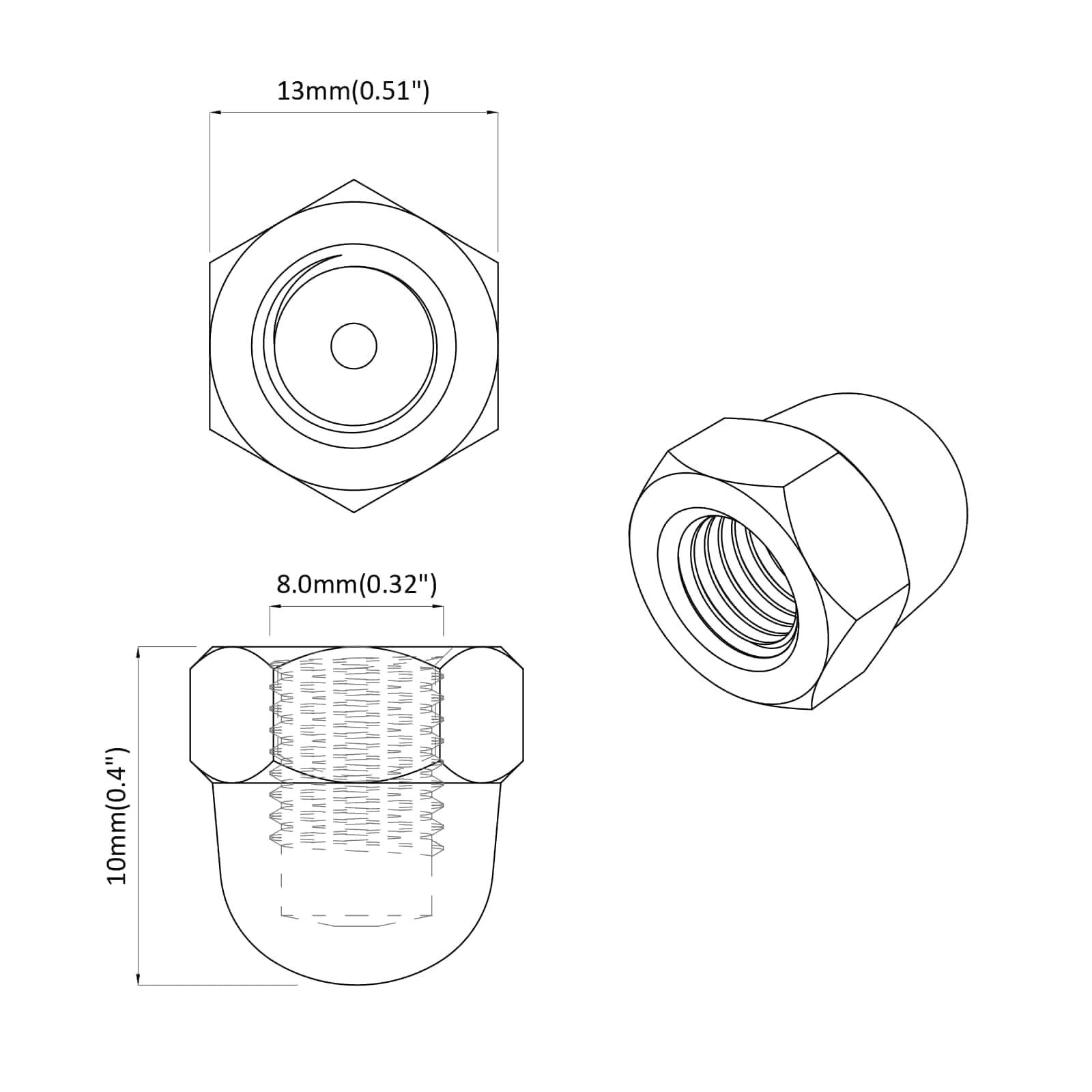 vidaXL Hex Orzechy żołędziowe 2 pcs Srebrny m8 Metal