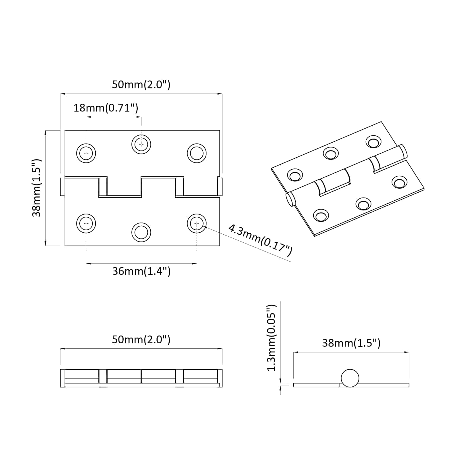 vidaXL Zawias 2 pcs Srebrny 50 x 38 x 1,3 mm Stal