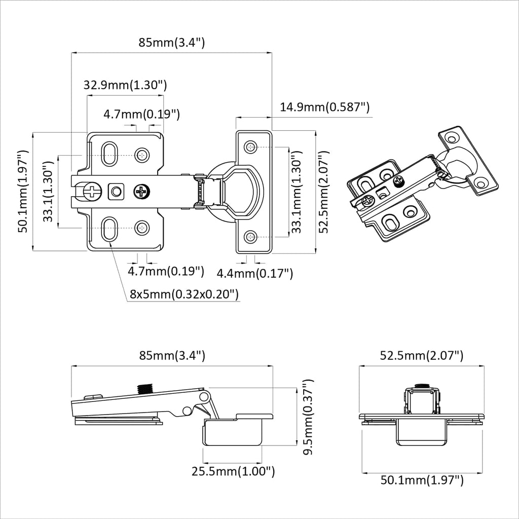 vidaXL Zawias 2 pcs Nikiel 85 x 52,5 x 9,5 mm Żelazo