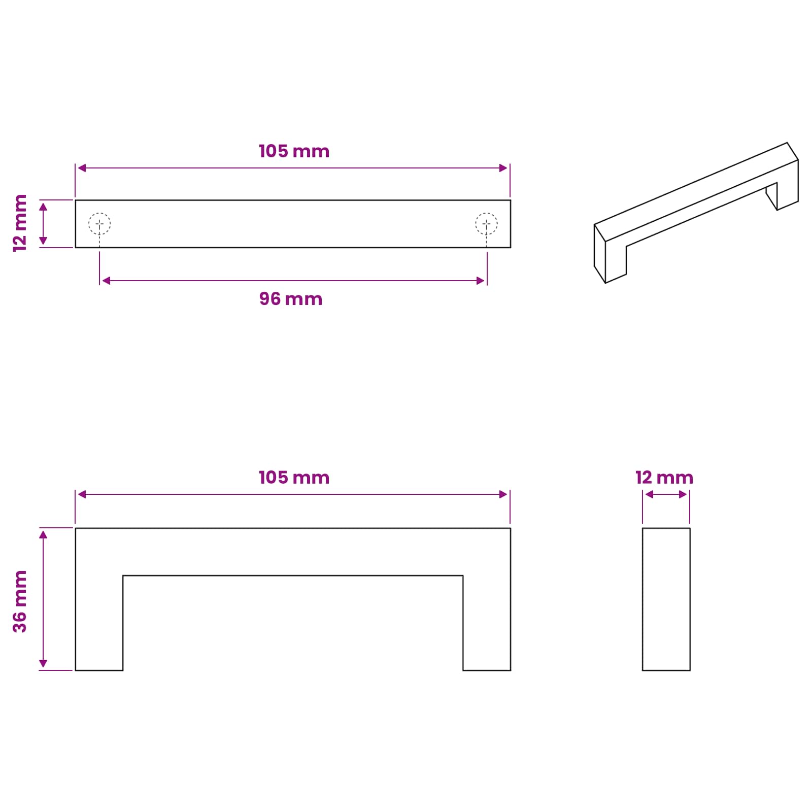vidaXL Uchwyt meblowy 530 pcs Czarny 105 x 12 x 36 mm Żelazo