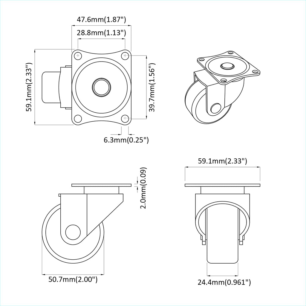 vidaXL Obrotowe kółko 2 pcs Srebrny 60 x 60 x 50 mm Żelazo i nylon