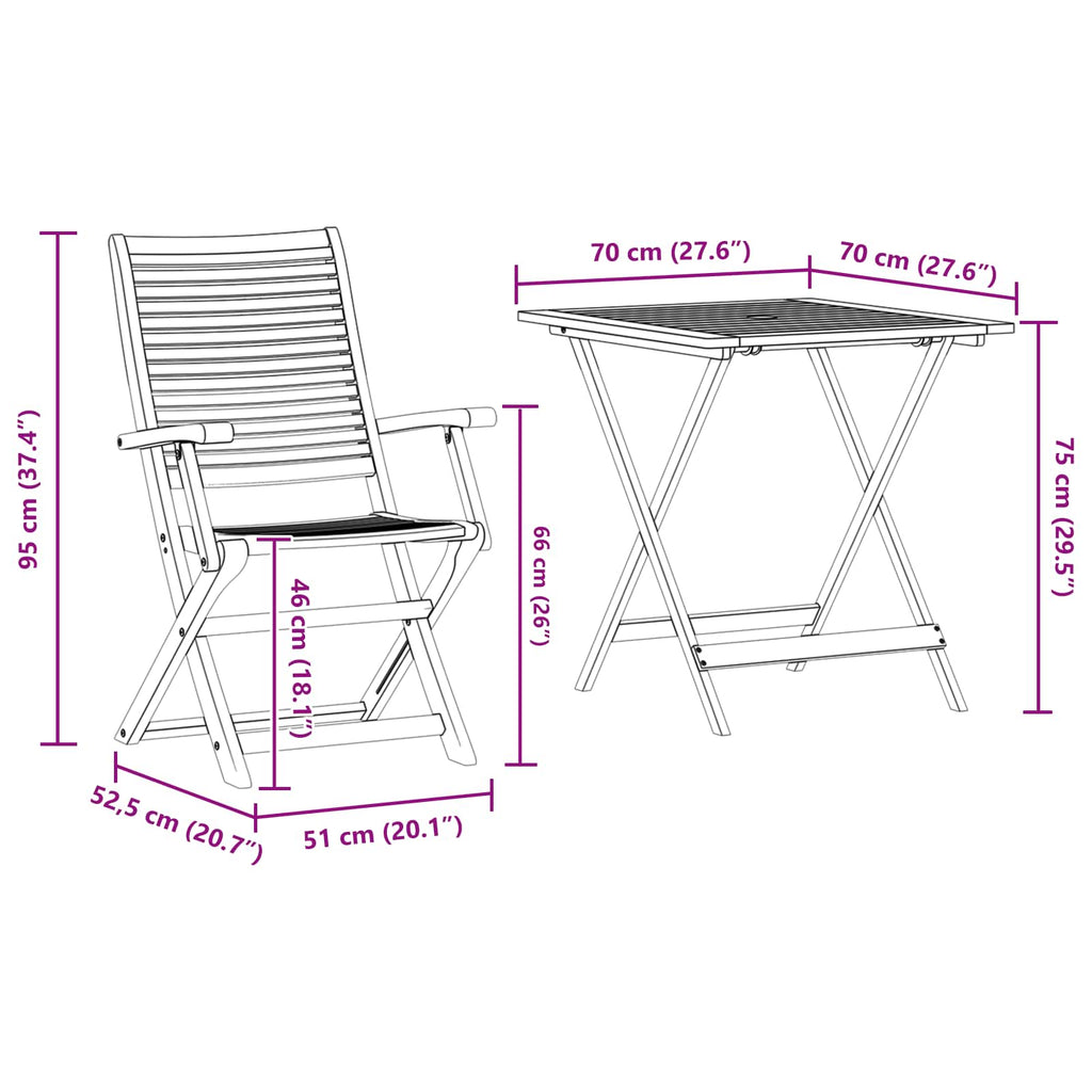 vidaXL Składany zestaw bistro 3 pcs Brązowy Lite Drewno Akacji