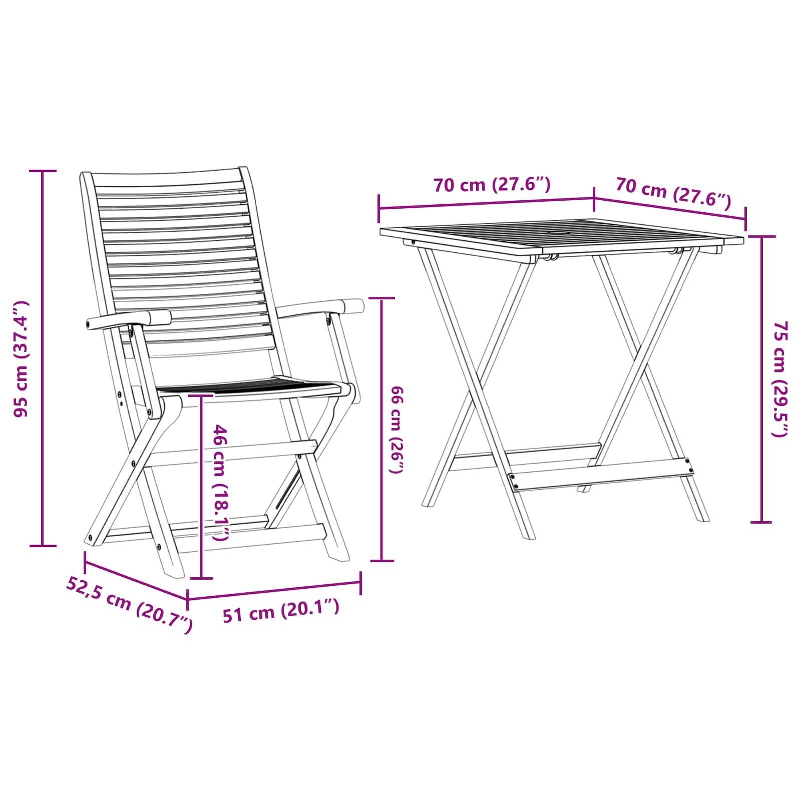 vidaXL Składany zestaw bistro 3 pcs Brązowy Lite Drewno Akacji
