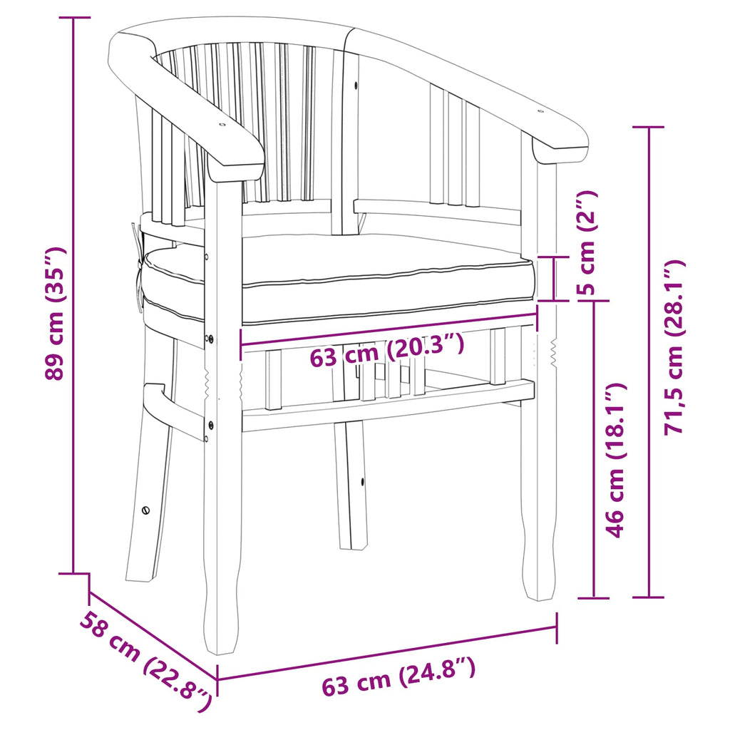 vidaXL Krzesło 2 pcs Brązowy 63 x 58 x 89 cm Lite drewno teakowe