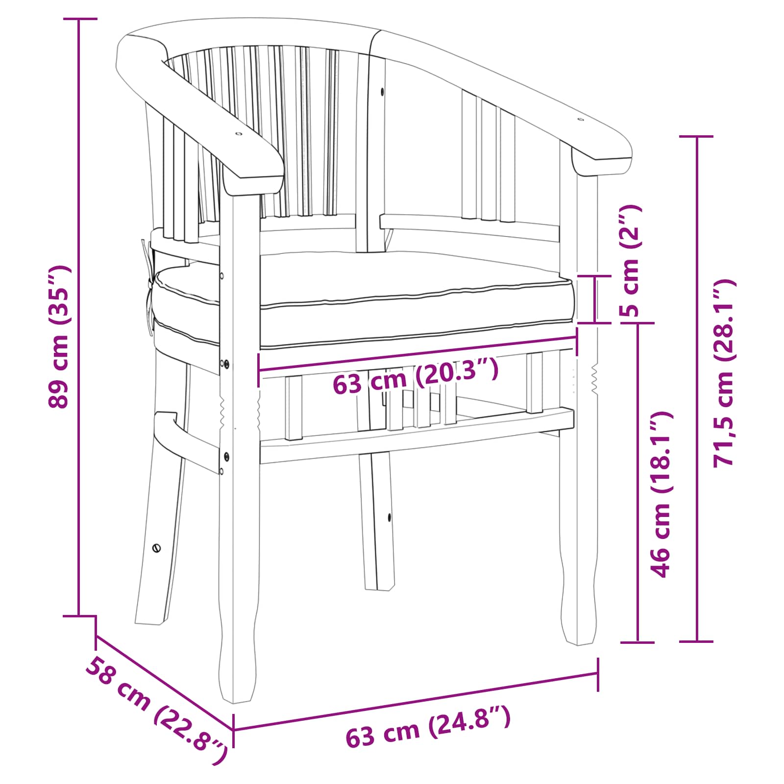 vidaXL Krzesło 2 pcs Brązowy 63 x 58 x 89 cm Lite drewno teakowe