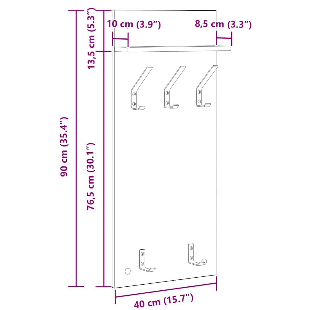 vidaXL Wieszak na płaszcze montowany na ścianie Biały 40 x 10 x 90 cm