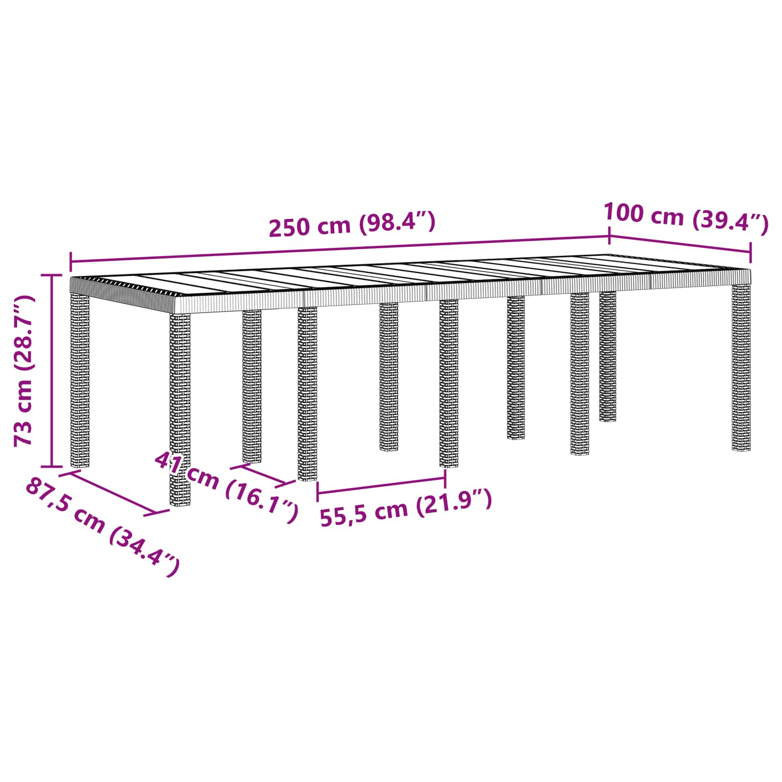vidaXL Stół Ogrodowy Brązowy 250 x 100 x 73 cm polirattan