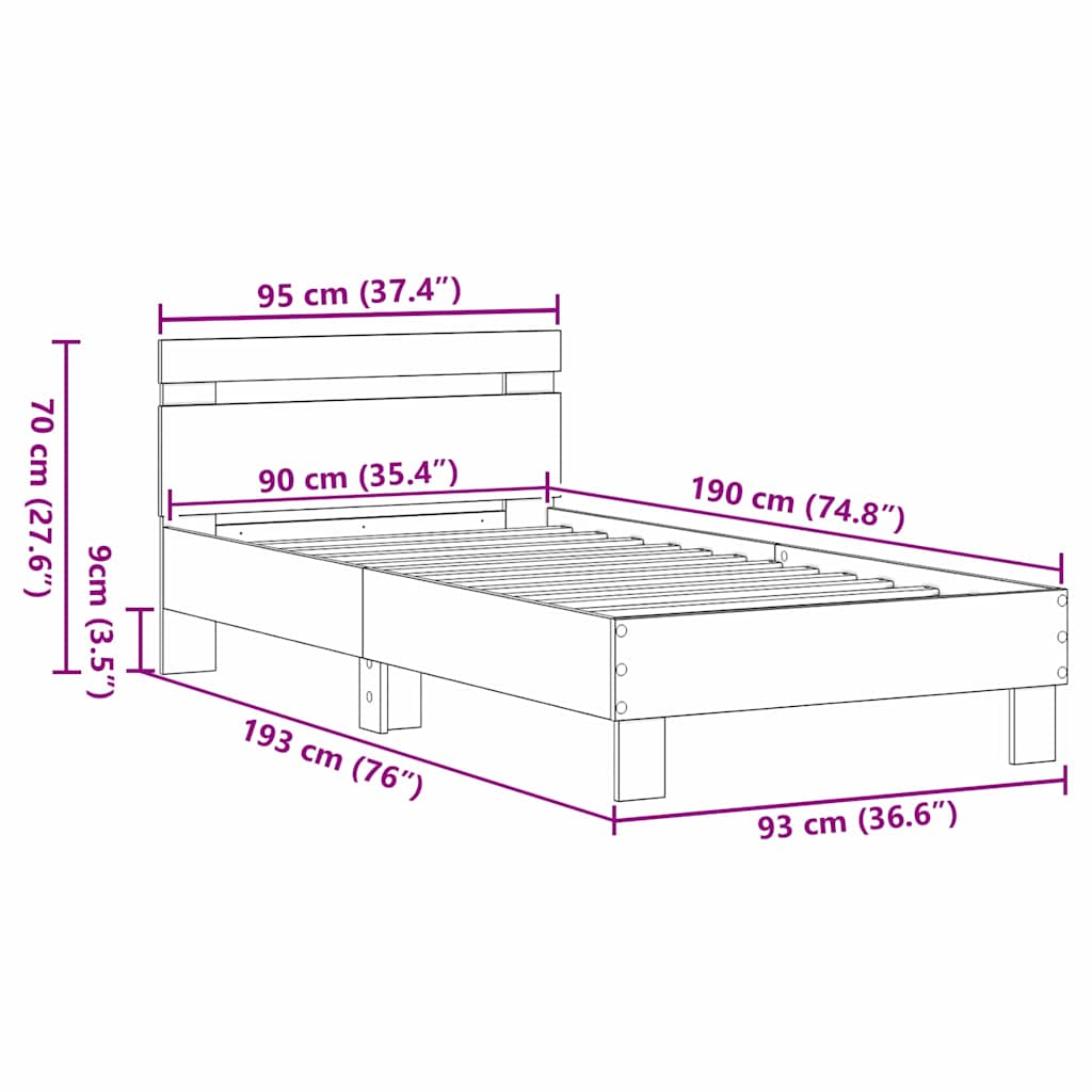vidaXL Ramka łóżka Stare drewno 193 x 95 x 88 cm