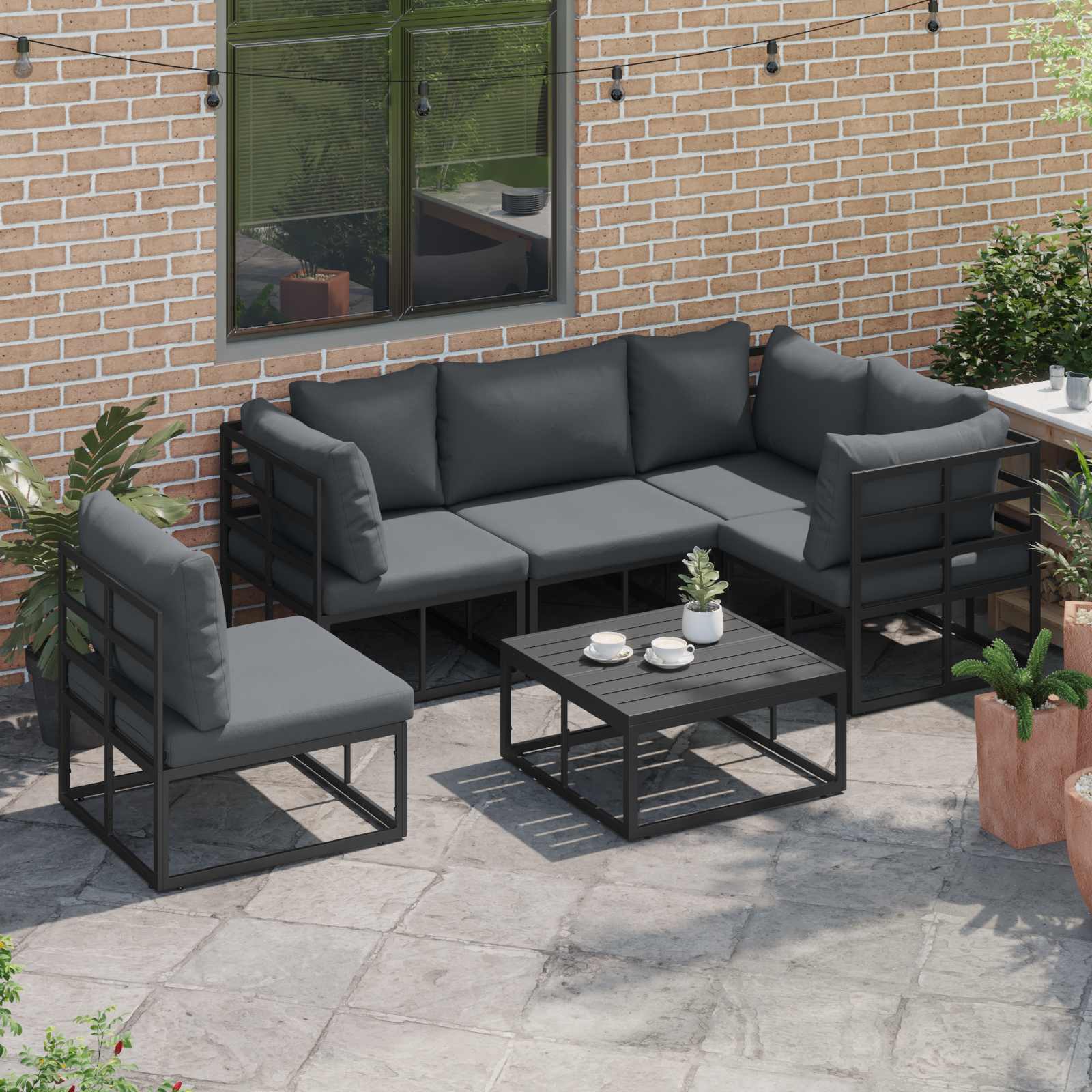 vidaXL Zestaw Sof na Ogród z poduszką 6 pcs Czarny Aluminium