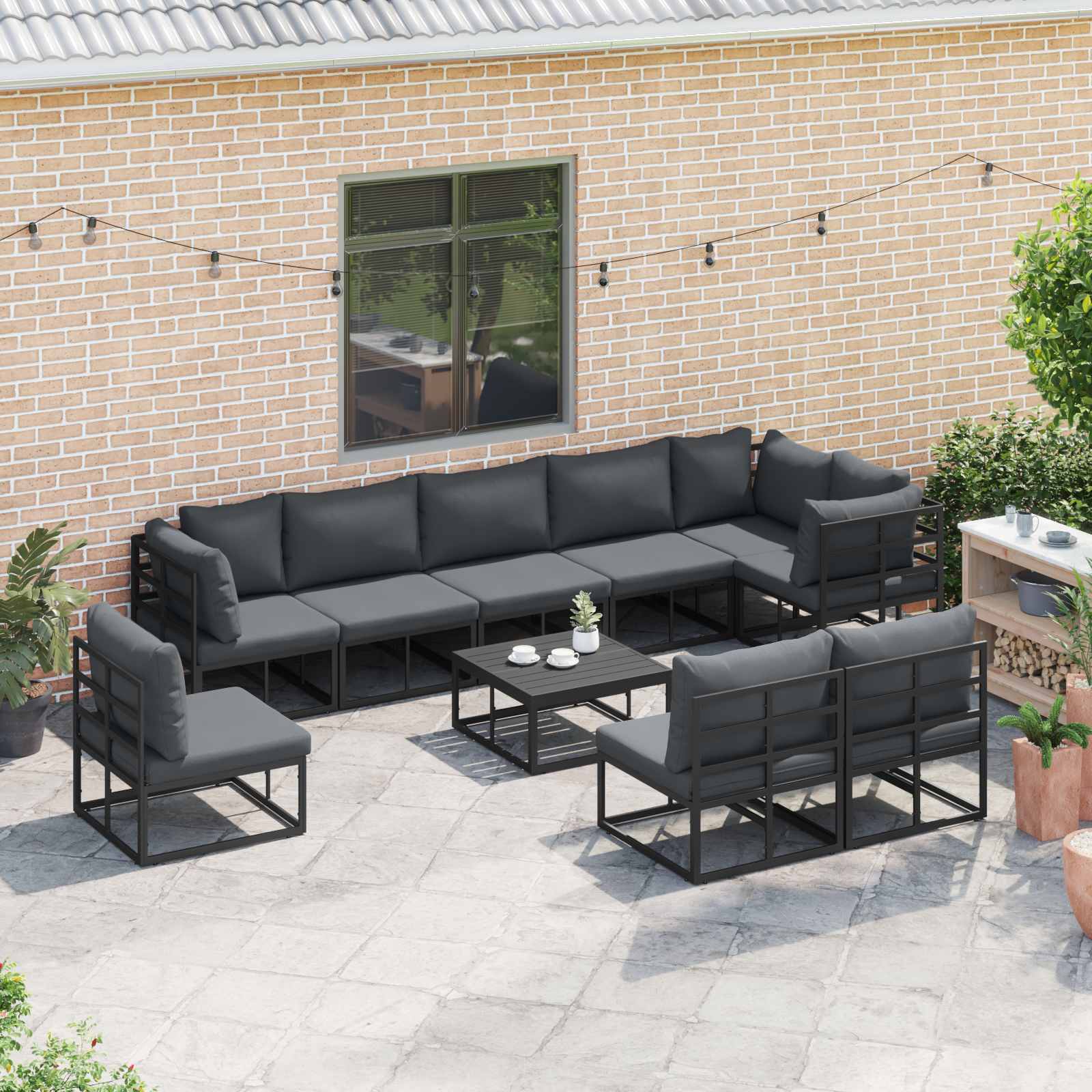 vidaXL Zestaw Sof na Ogród z poduszką 10 pcs Czarny Aluminium
