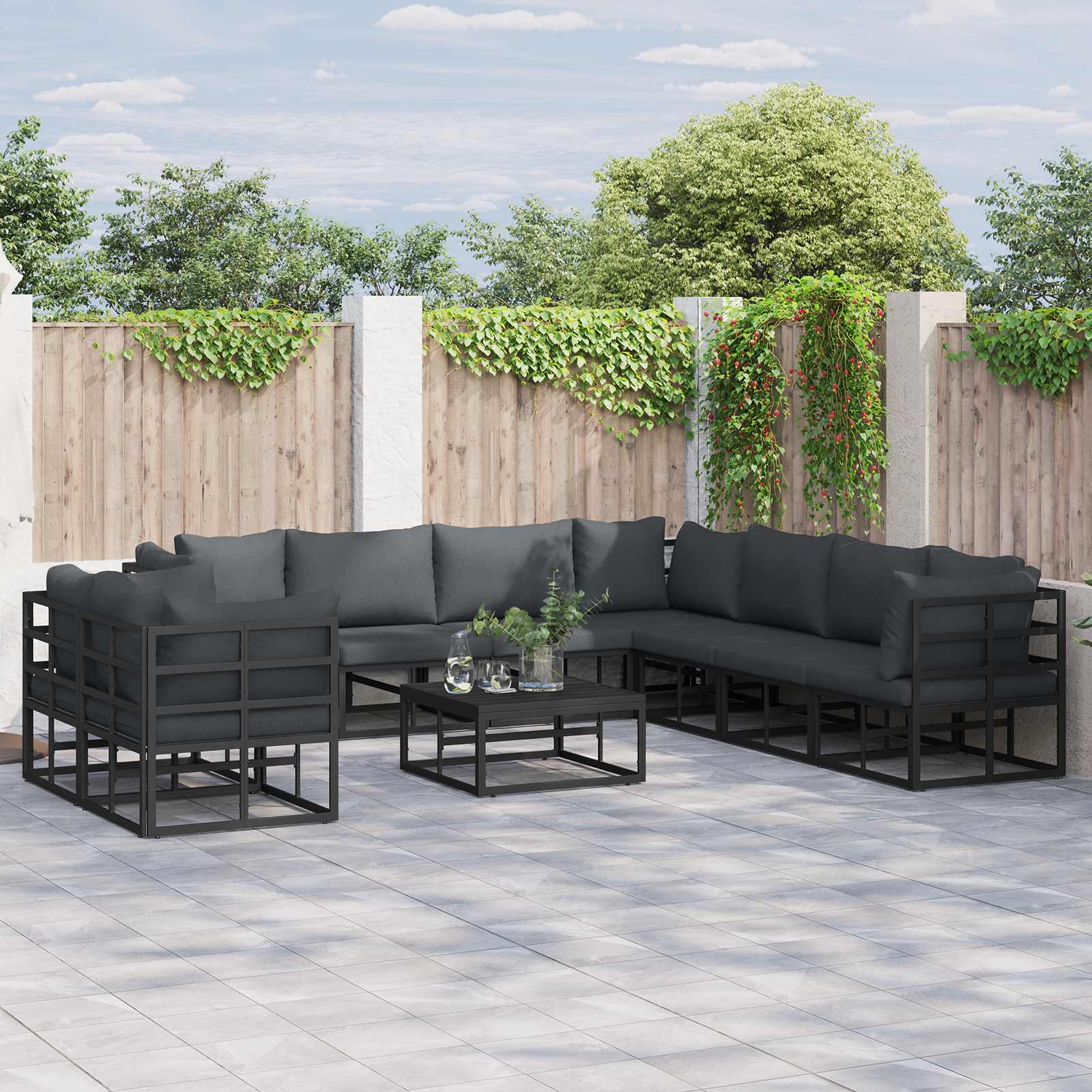 vidaXL Zestaw Sof na Ogród z poduszką 10 pcs Czarny Aluminium