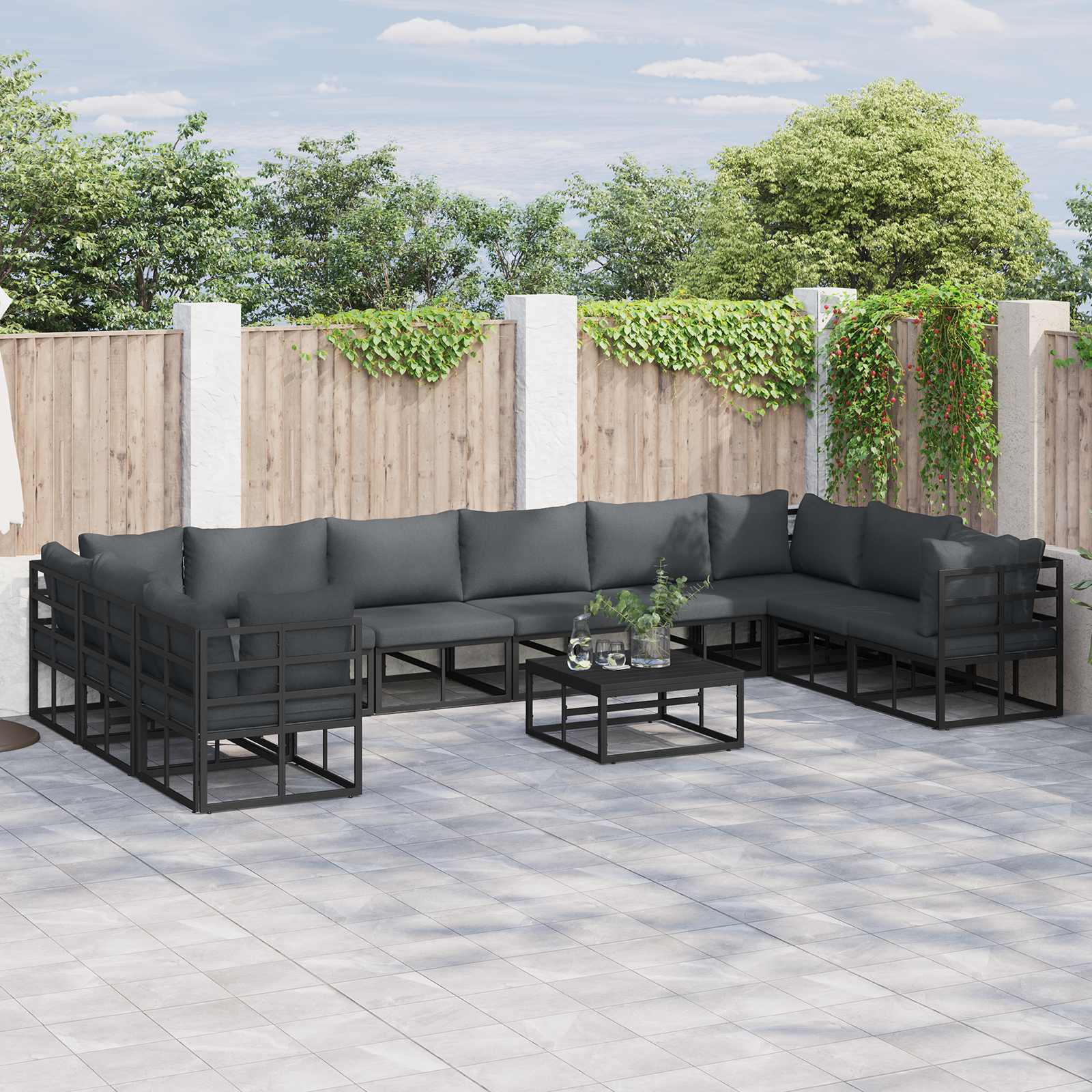 vidaXL Zestaw Sof na Ogród z poduszką 10 pcs Czarny Aluminium