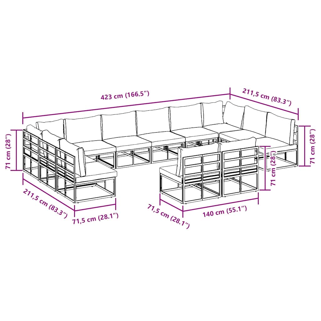 vidaXL Zestaw Sof na Ogród z poduszką 12 pcs Czarny Aluminium