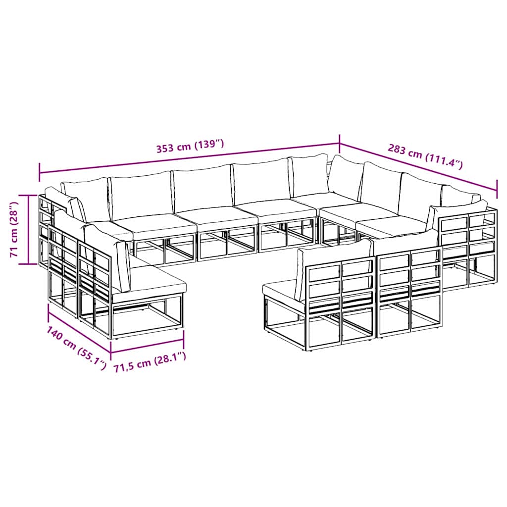 vidaXL Zestaw Sof na Ogród z poduszką 12 pcs Czarny Aluminium
