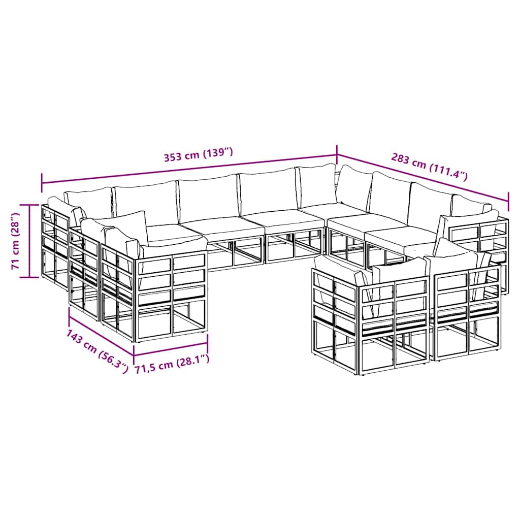 vidaXL Zestaw Sof na Ogród z poduszką 12 pcs Czarny Aluminium