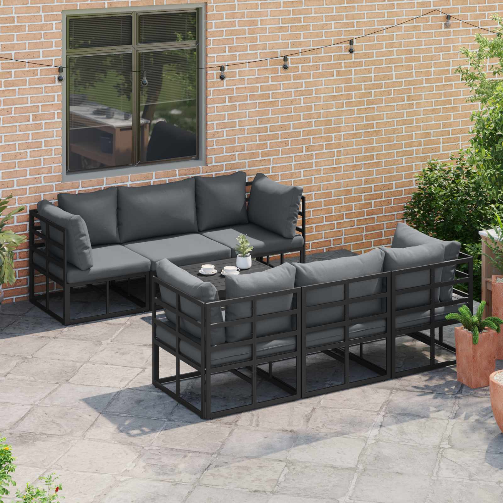 vidaXL Zestaw Sof na Ogród z poduszką 7 pcs Czarny Aluminium
