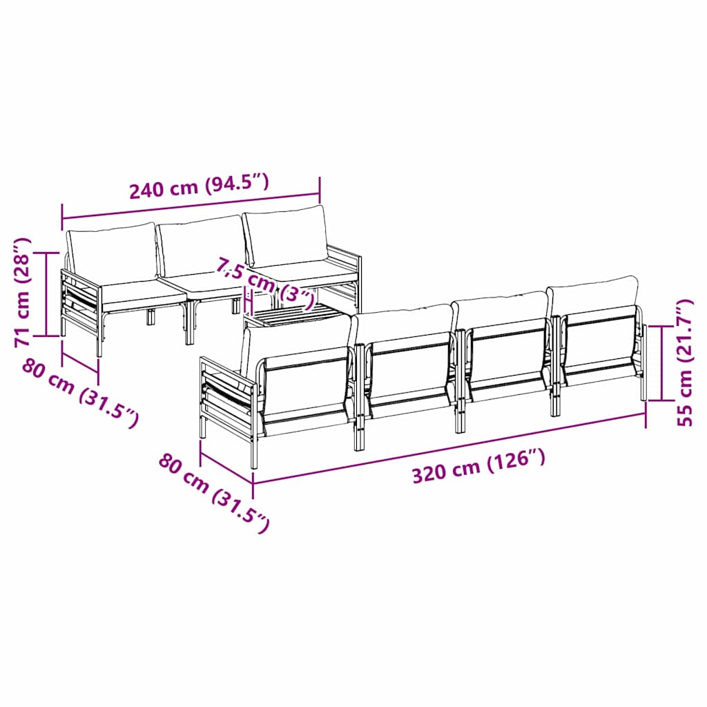 vidaXL Zestaw Sof na Ogród z poduszką 8 pcs Czarny Stal