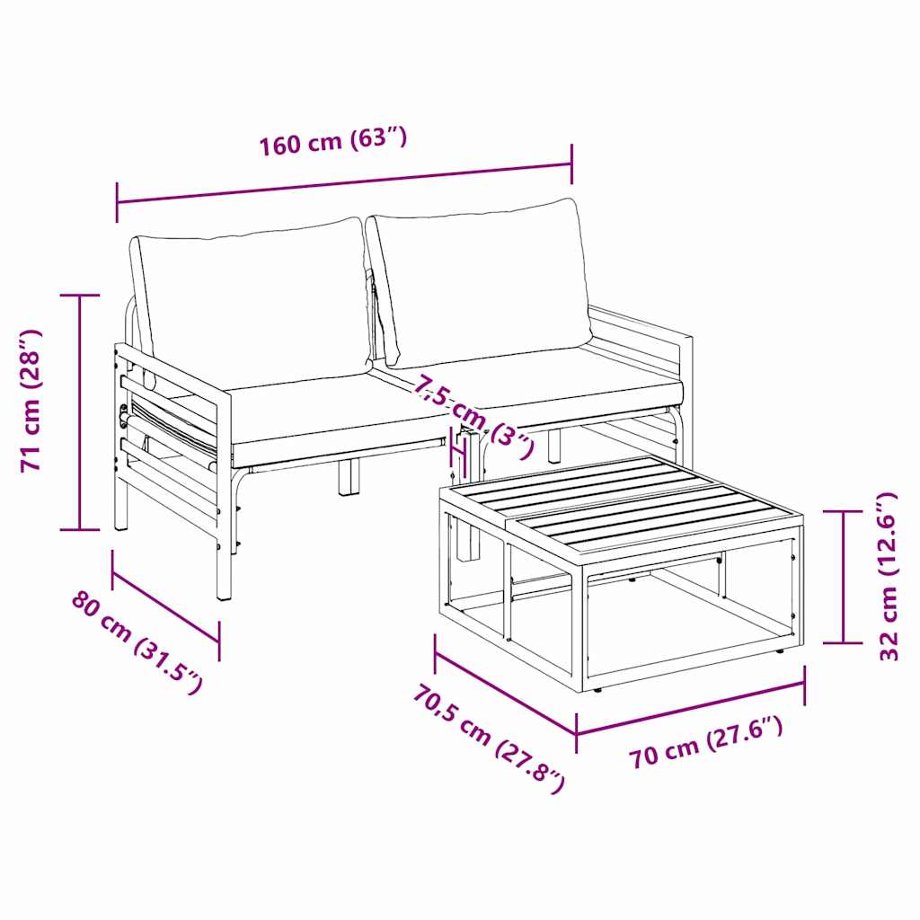vidaXL Zestaw Sof na Ogród z poduszką 3 pcs Czarny Stal