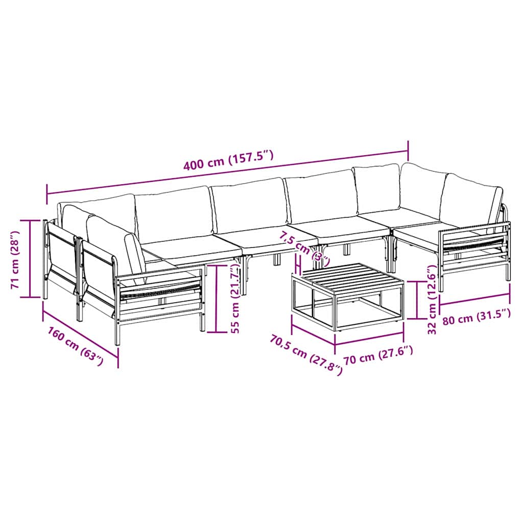 vidaXL Zestaw Sof na Ogród z poduszką 8 pcs Czarny Stal