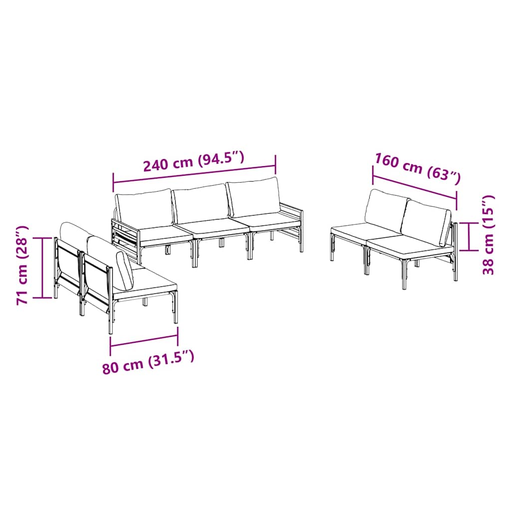 vidaXL Zestaw Sof na Ogród z poduszką 7 pcs Czarny Stal