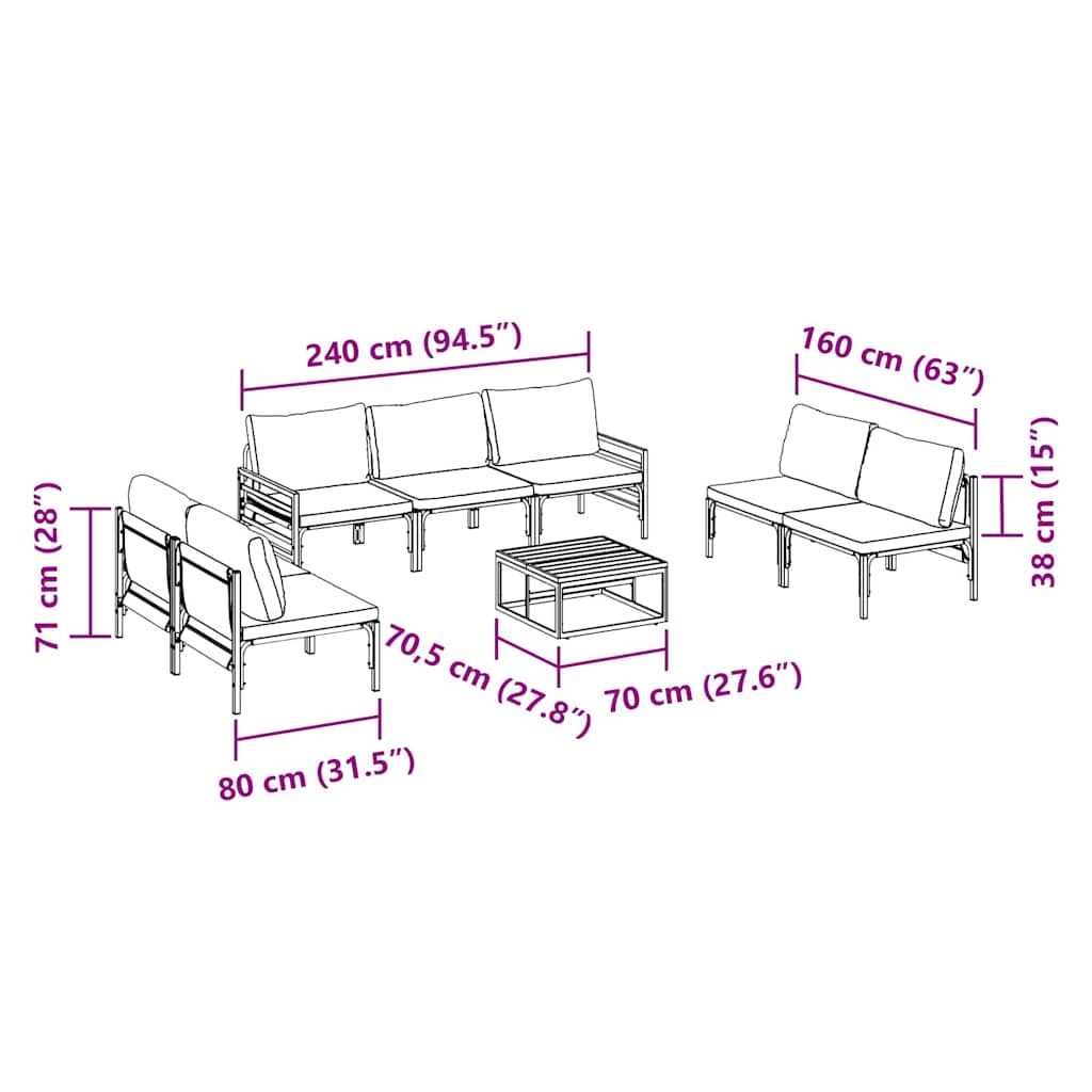 vidaXL Zestaw Sof na Ogród z poduszką 8 pcs Czarny Stal