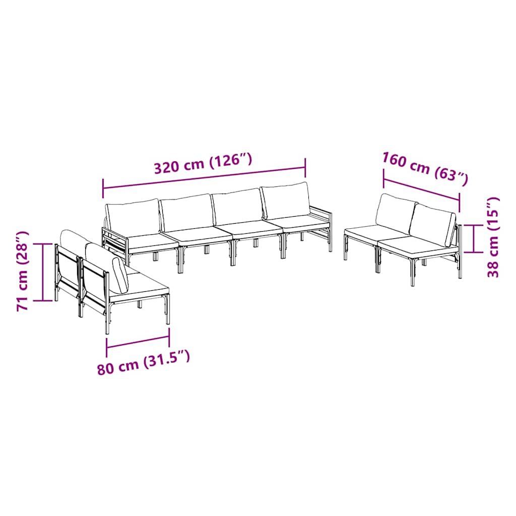vidaXL Zestaw Sof na Ogród z poduszką 8 pcs Czarny Stal