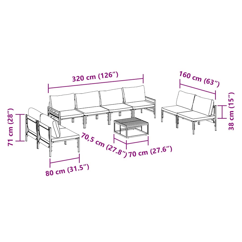 vidaXL Zestaw Sof na Ogród z poduszką 9 pcs Czarny Stal