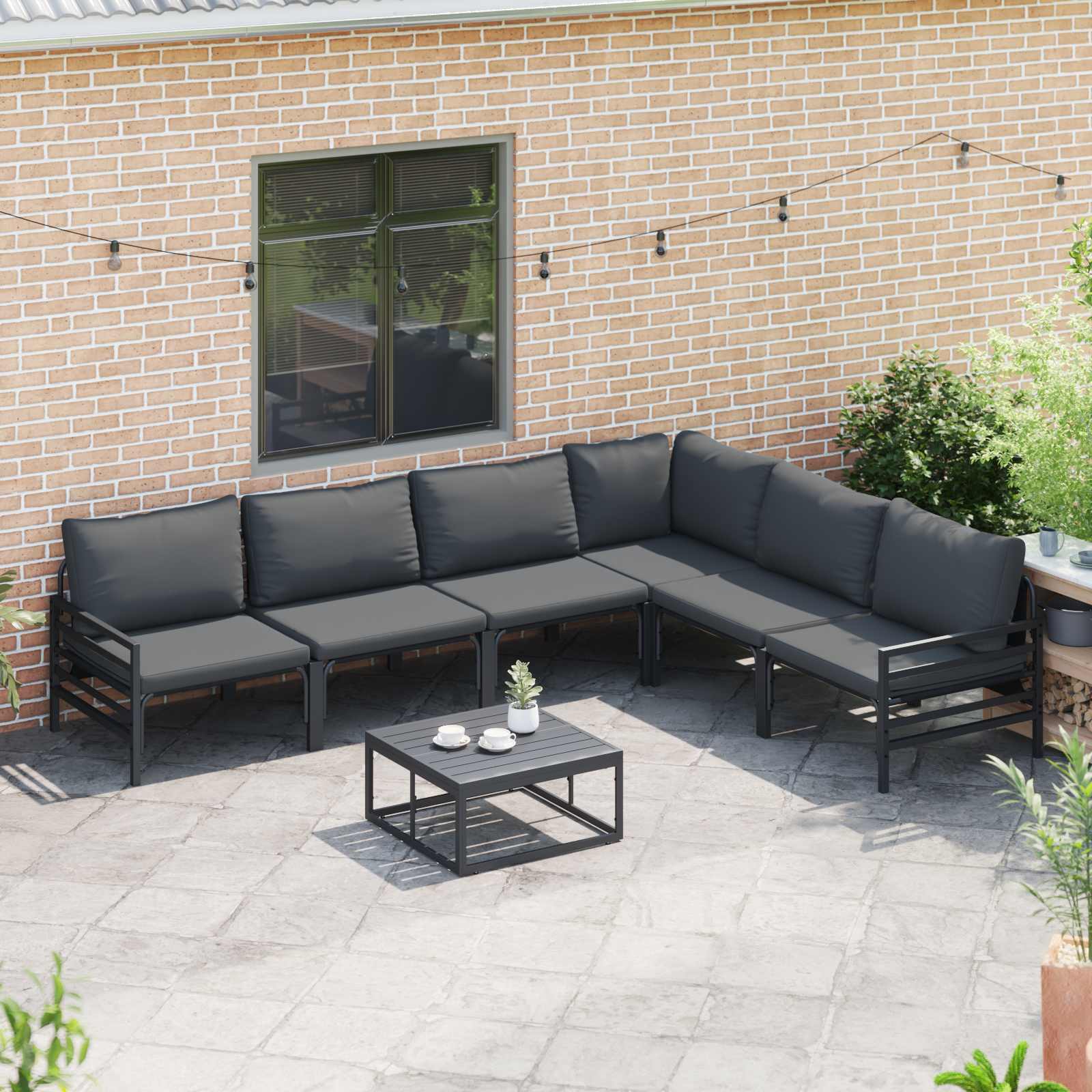 vidaXL Zestaw Sof na Ogród z poduszką 7 pcs Czarny Stal