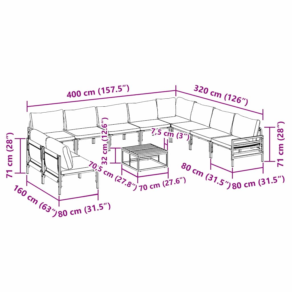 vidaXL Zestaw Sof na Ogród z poduszką 11 pcs Czarny Stal