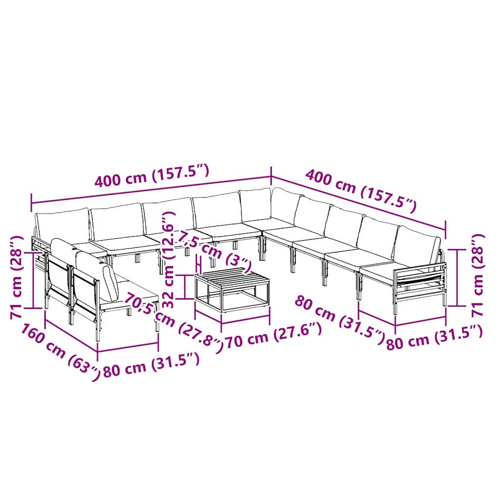 vidaXL Zestaw Sof na Ogród z poduszką 12 pcs Czarny Stal